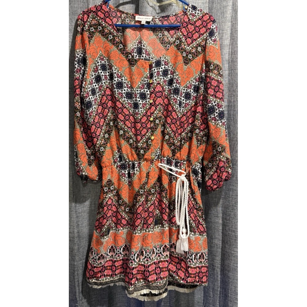 Sequin Hearts Juniors XL Coral/Black Print BOHO Romper Braided Fringe Belt Lined